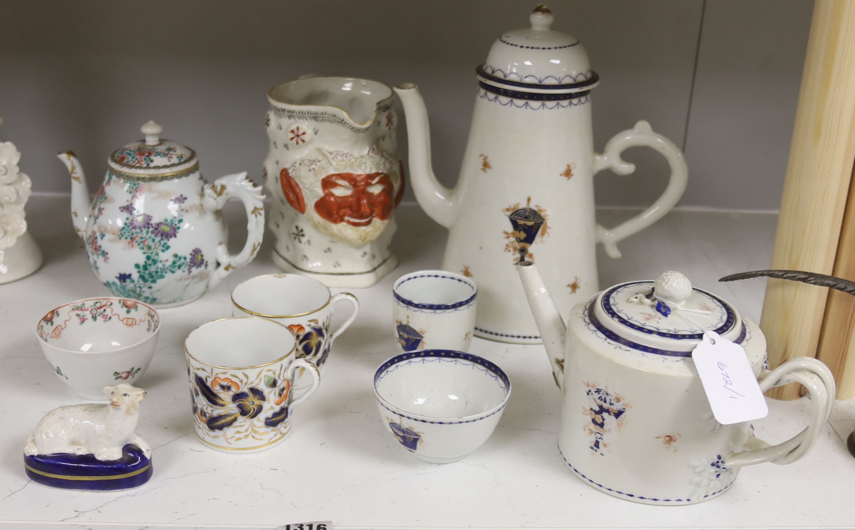 A Chinese enamelled porcelain part tea and coffee set, Jiaqing period, and quantity of 19th century mixed ceramics, tallest 26cm